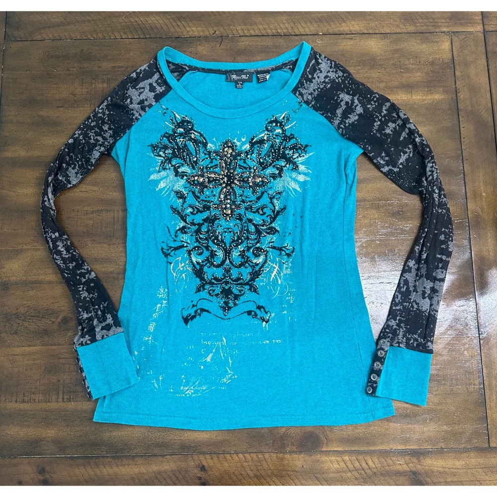 Y2K VINTAGE Miss Me Womens Teal Studded Cross Graphic Raglan Long Sleeve Large